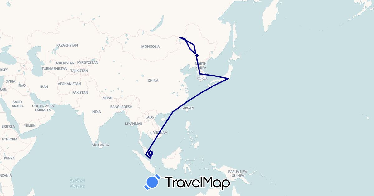 TravelMap itinerary: driving in China, Japan, South Korea, Malaysia, Singapore (Asia)